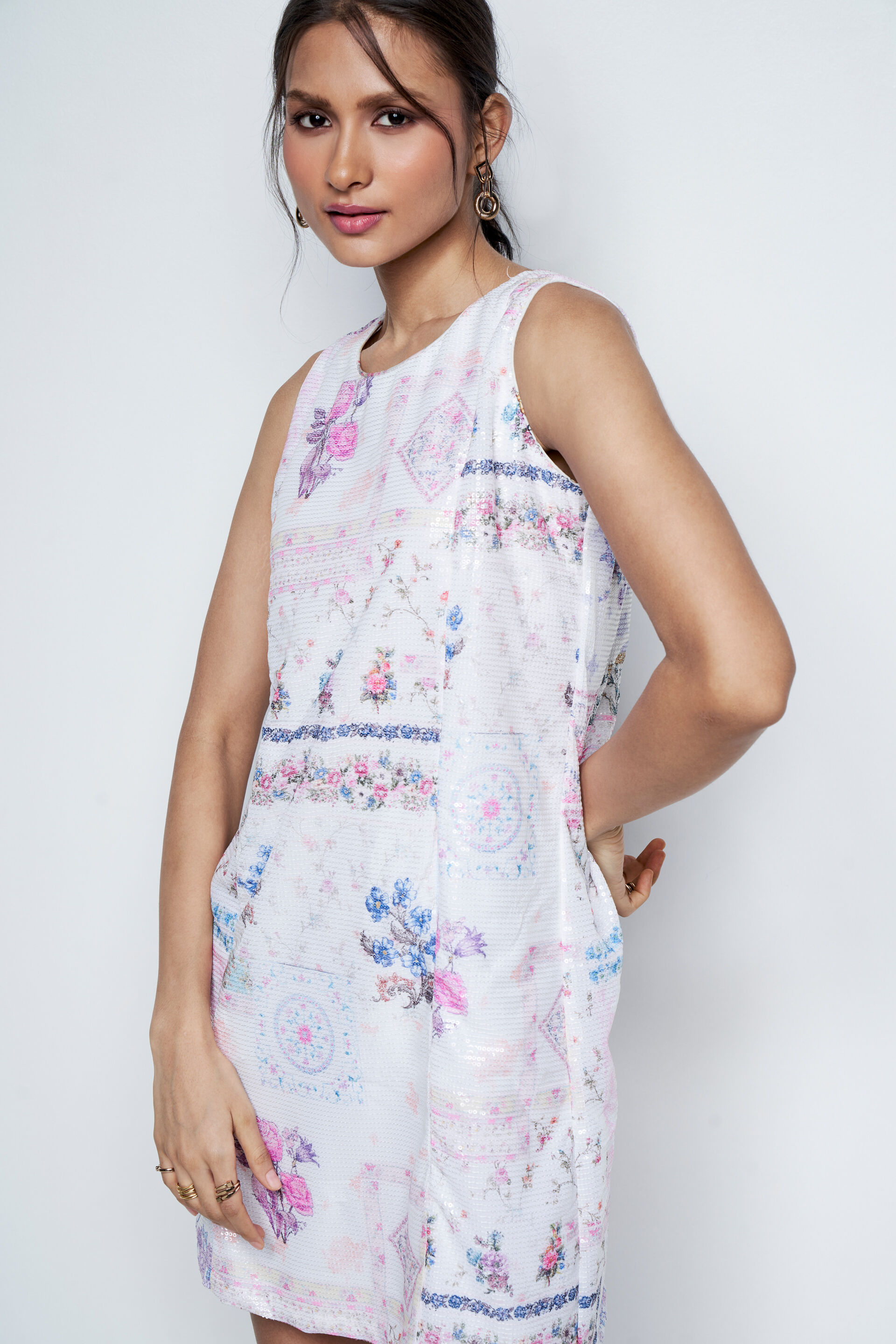 Floral Play Straight Dress, White, image 3